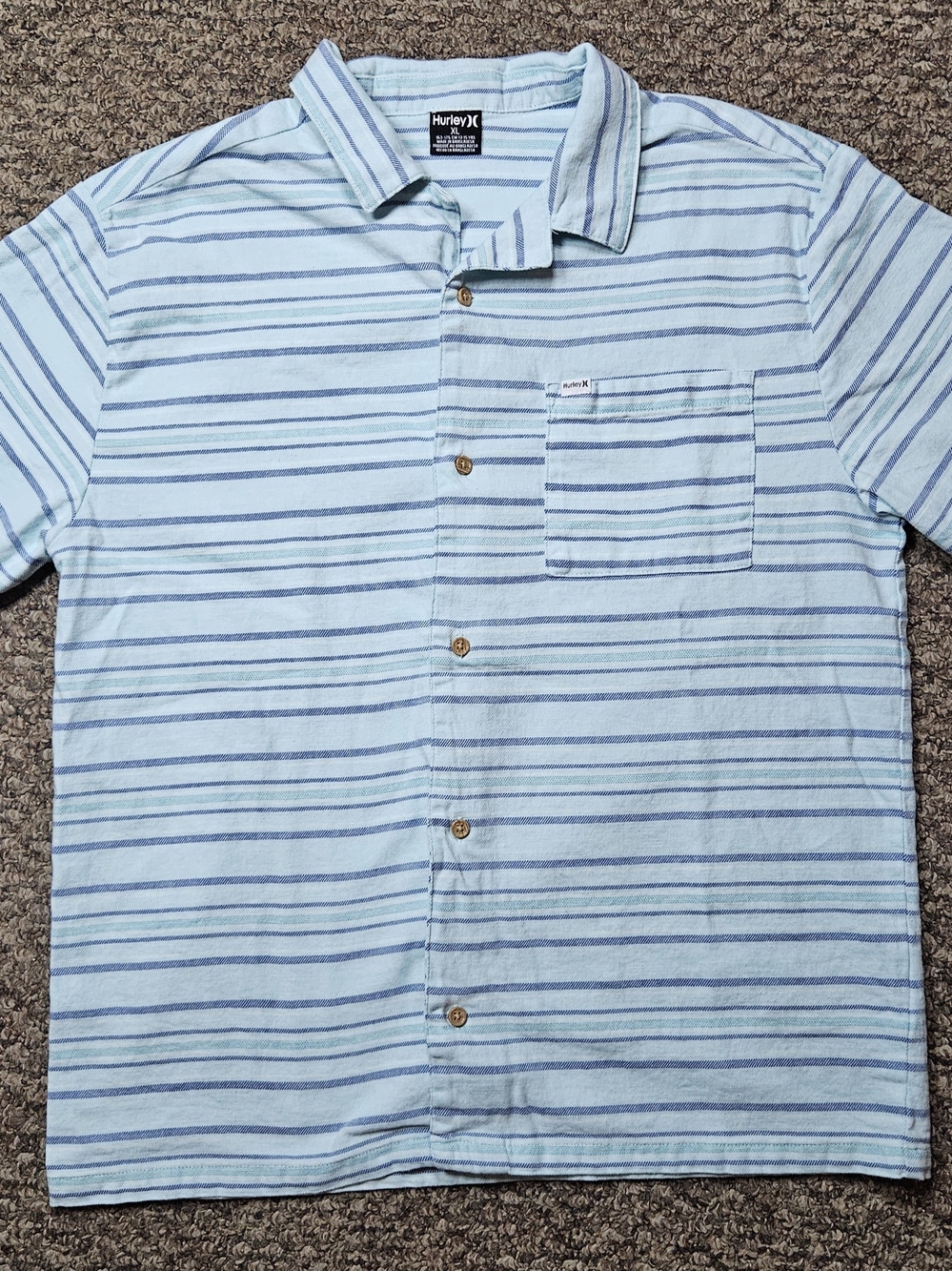 Hurley Men’s Light Blue Striped Short Sleeve Button-Up Shirt, Men's XL